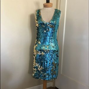 Mermaid Sequin  Cocktail Dress sz L blue and gold